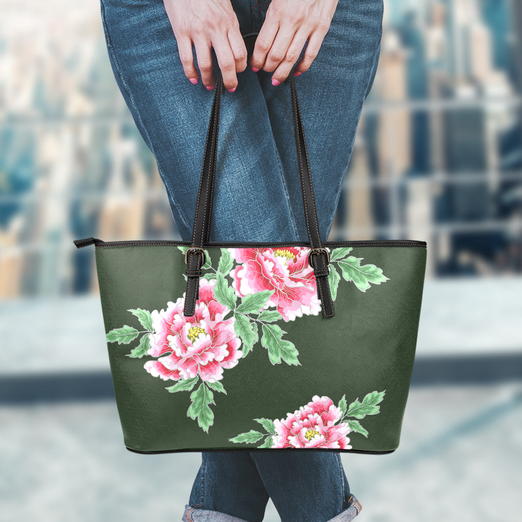 Japanese Peony Print Leather Tote Bag