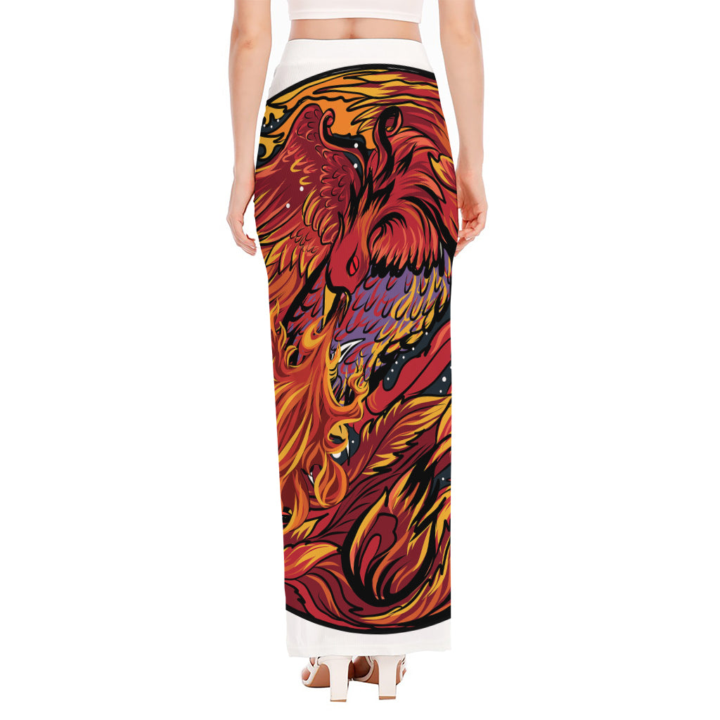 Japanese Phoenix Print High Slit Maxi Skirt