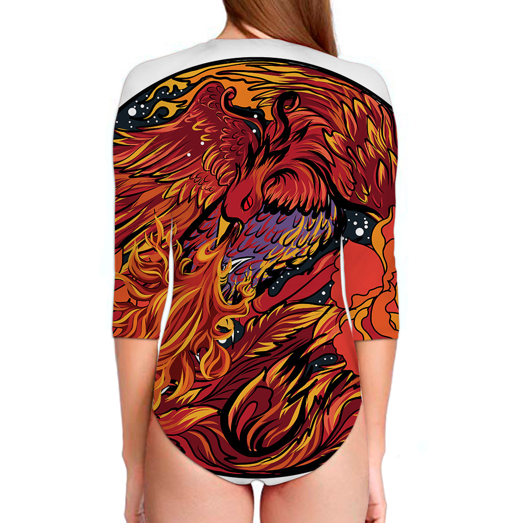 Japanese Phoenix Print Long Sleeve Swimsuit
