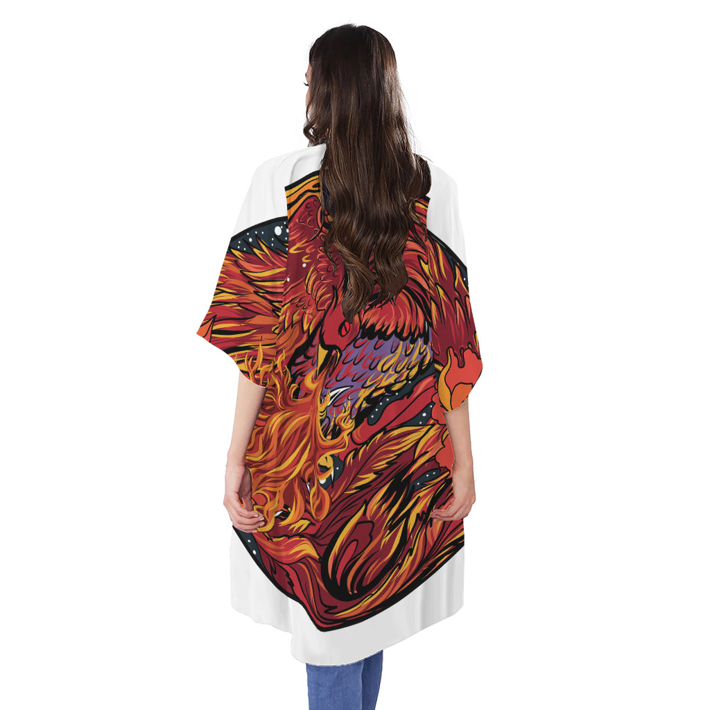 Japanese Phoenix Print Open Front Beach Cover Up