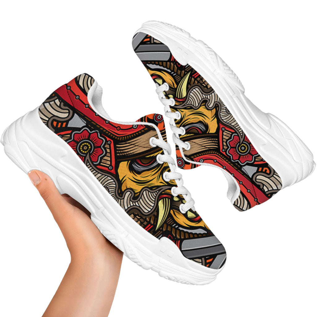 Japanese Samurai Mask Print White Chunky Shoes