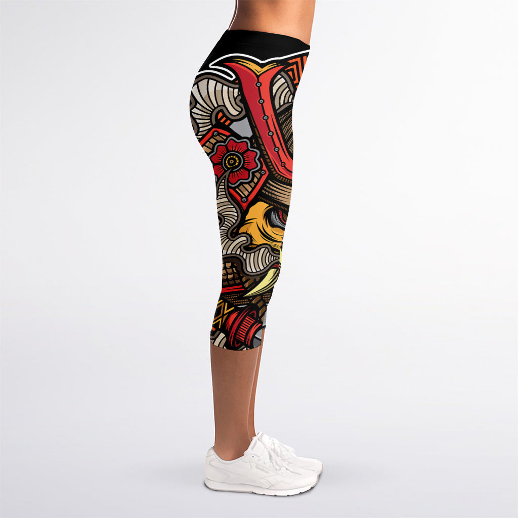 Japanese Samurai Mask Print Women's Capri Leggings