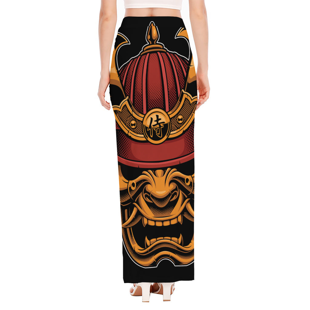 Japanese Samurai Warrior Mask Print High Slit Maxi Skirt