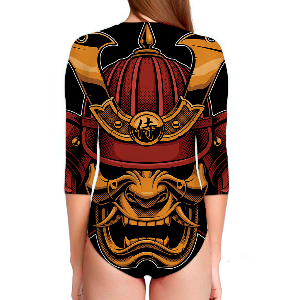 Japanese Samurai Warrior Mask Print Long Sleeve Swimsuit