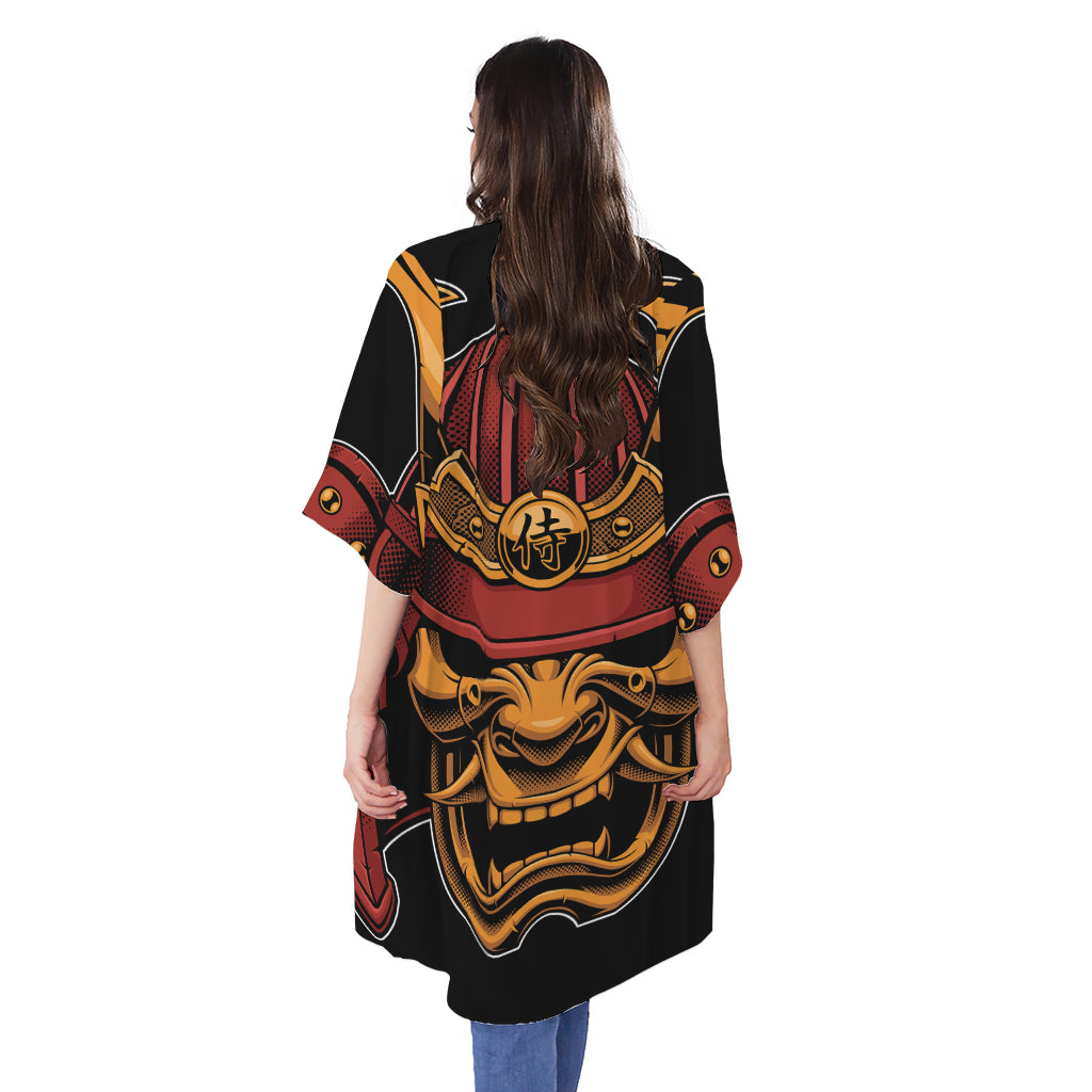 Japanese Samurai Warrior Mask Print Open Front Beach Cover Up