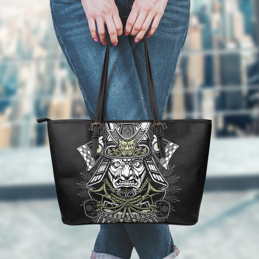 Japanese Samurai Warrior Print Leather Tote Bag