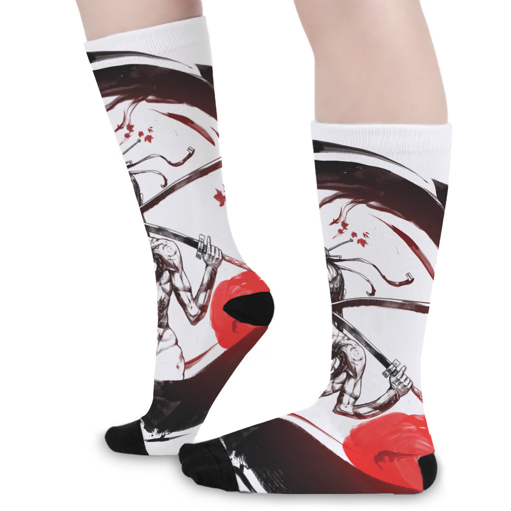 Japanese Samurai Woman Print Long Socks