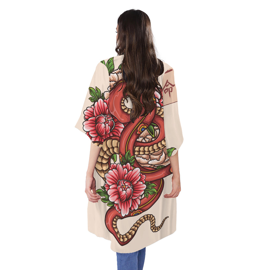 Japanese Snake Tattoo Print Open Front Beach Cover Up