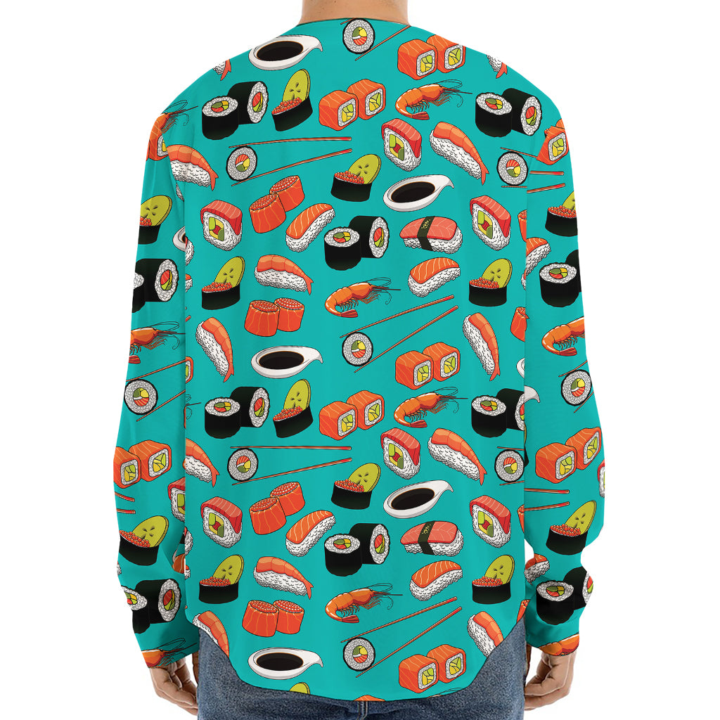 Japanese Sushi And Rolls Pattern Print Long Sleeve Baseball Jersey