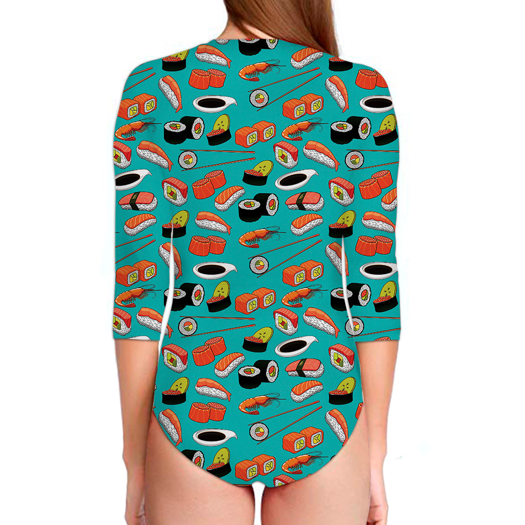 Japanese Sushi And Rolls Pattern Print Long Sleeve Swimsuit
