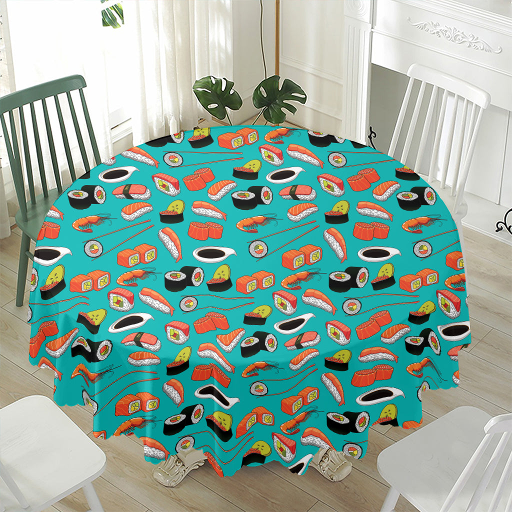 Japanese Sushi And Rolls Pattern Print Waterproof Round Tablecloth