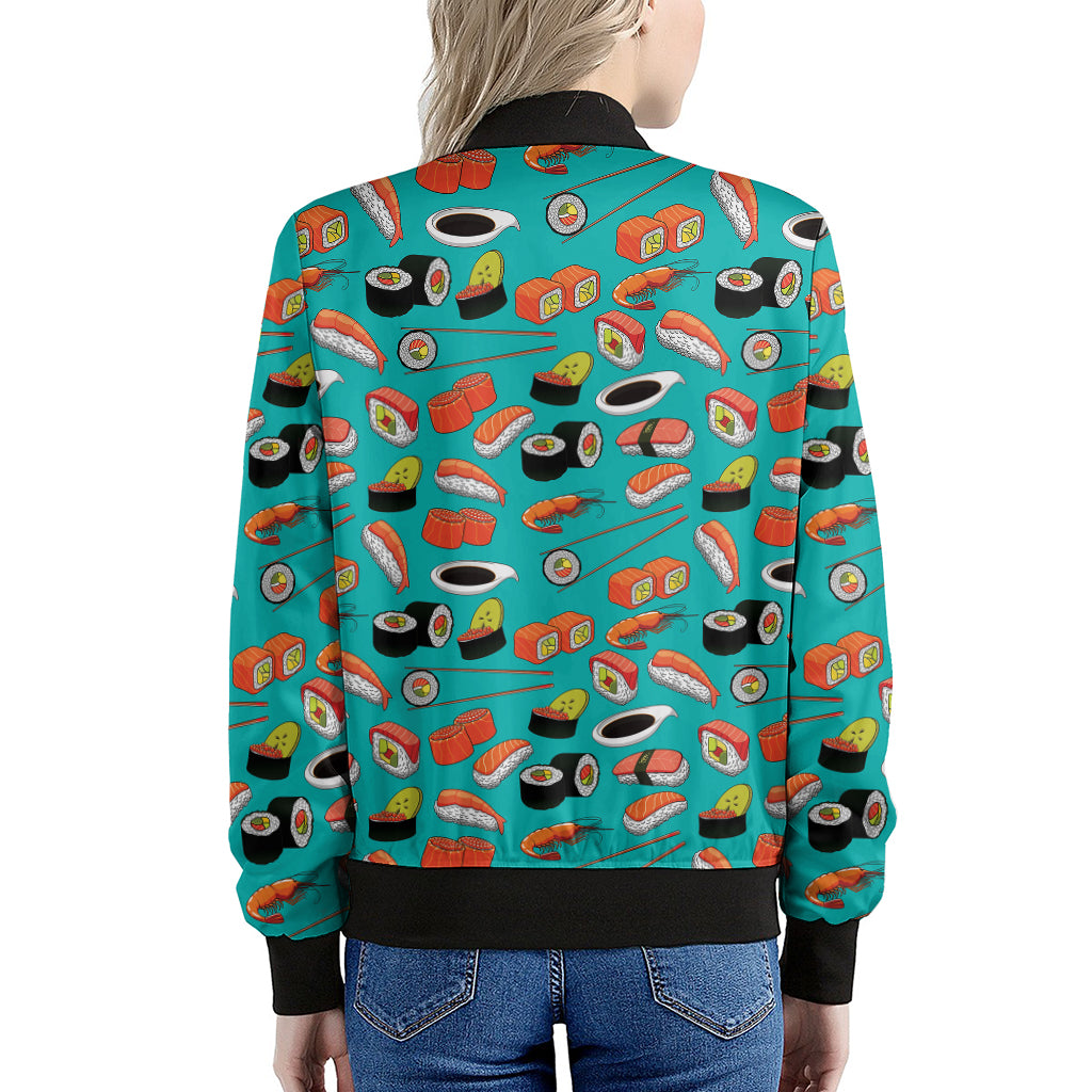 Japanese Sushi And Rolls Pattern Print Women's Bomber Jacket