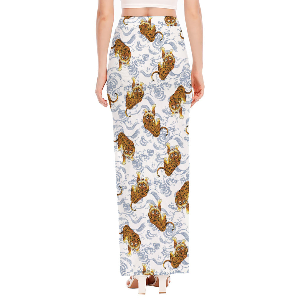 Japanese Tiger Pattern Print High Slit Maxi Skirt