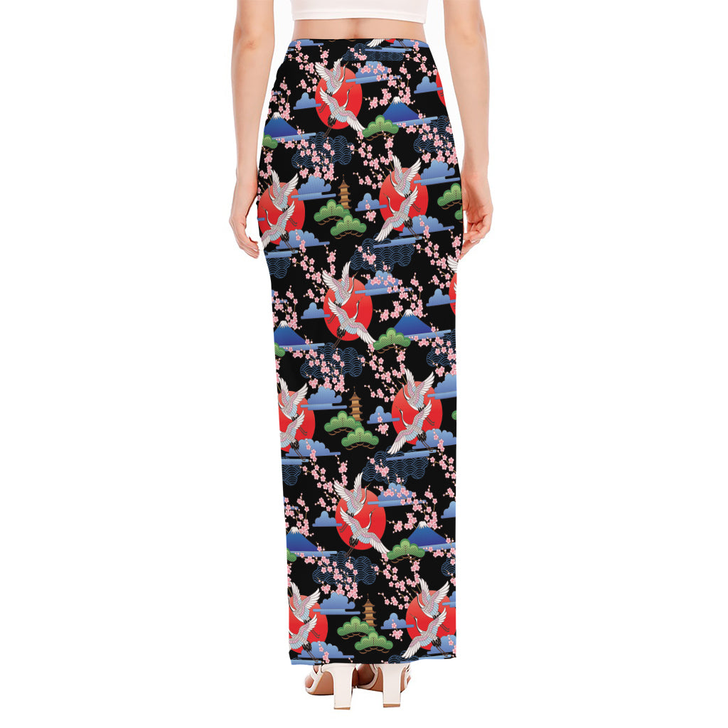 Japanese Traditional Pattern Print High Slit Maxi Skirt