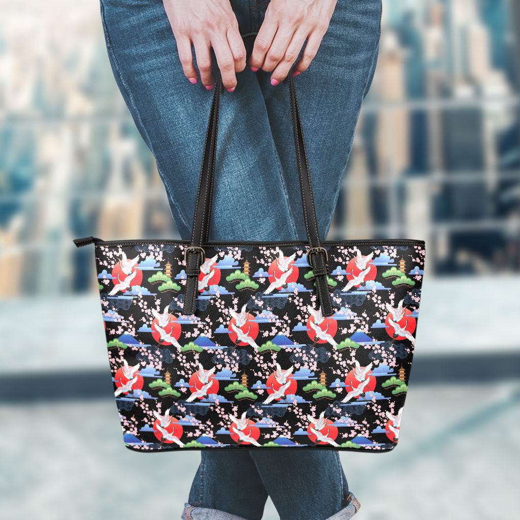 Japanese Traditional Pattern Print Leather Tote Bag