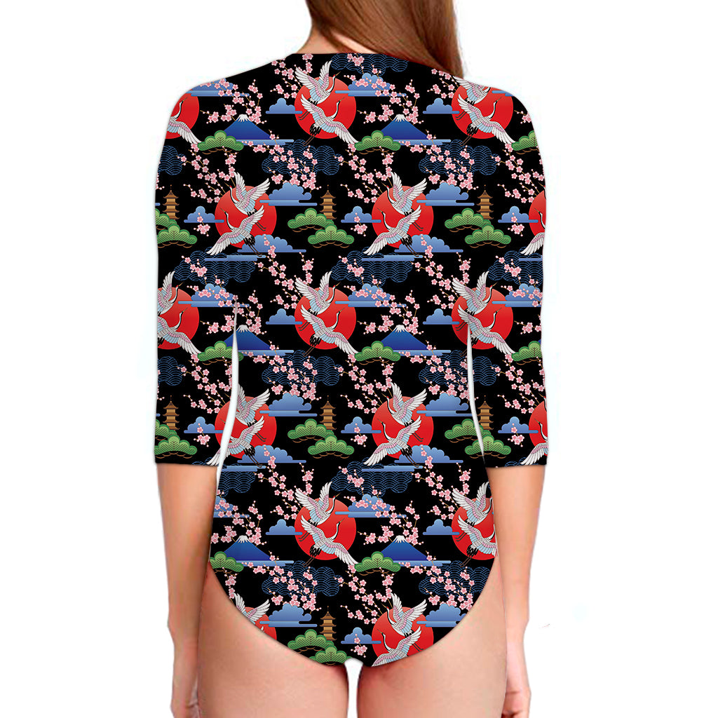 Japanese Traditional Pattern Print Long Sleeve Swimsuit