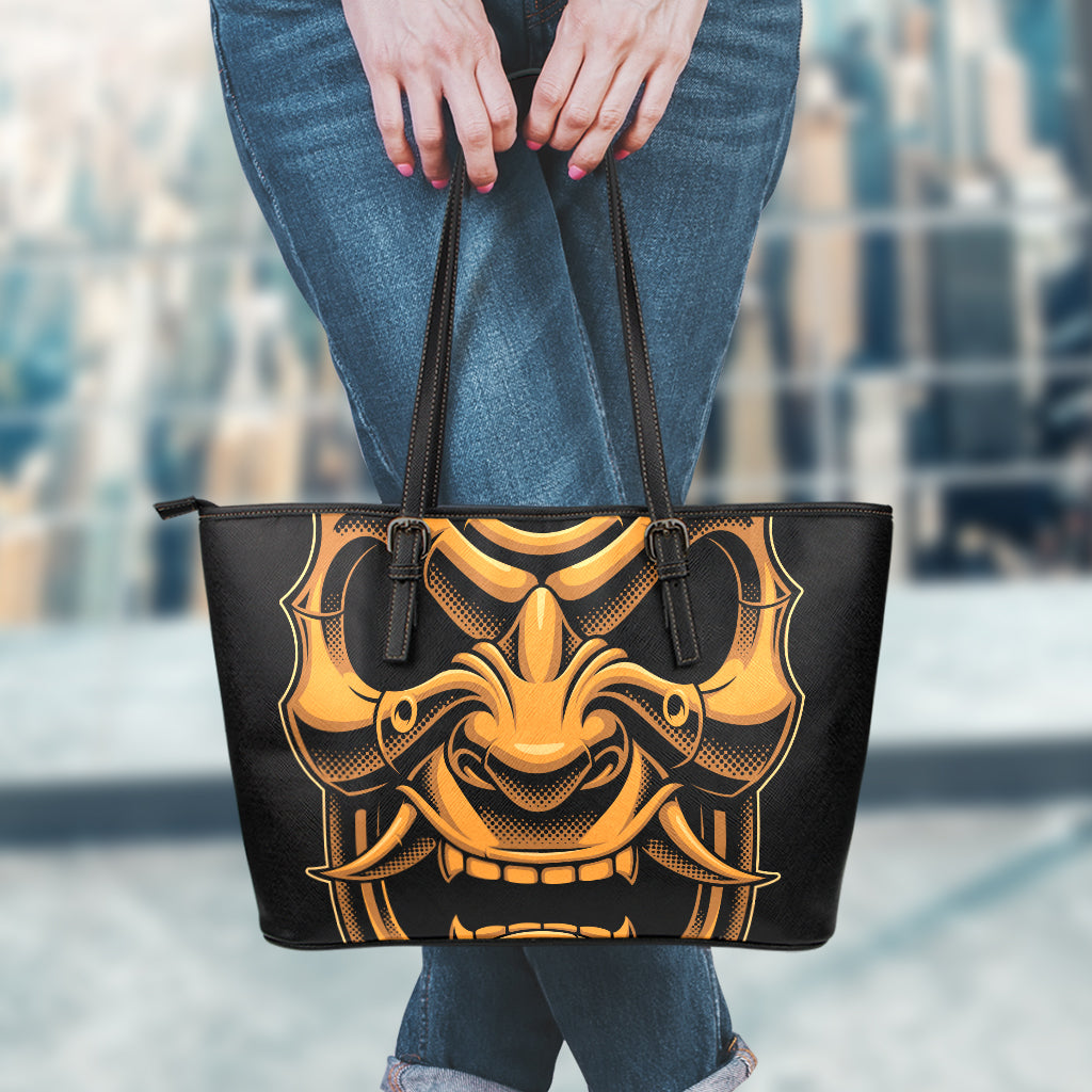 Japanese Warrior Mask Print Leather Tote Bag