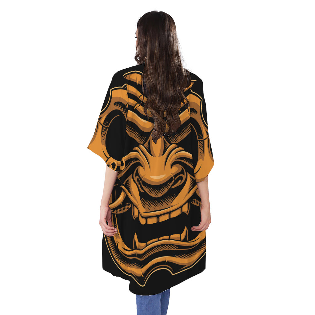 Japanese Warrior Mask Print Open Front Beach Cover Up
