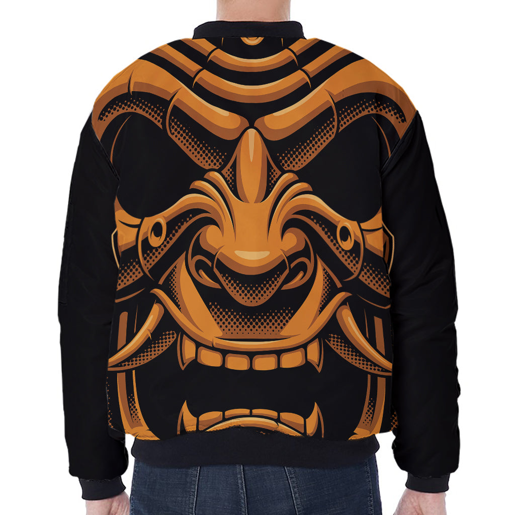 Japanese Warrior Mask Print Zip Sleeve Bomber Jacket