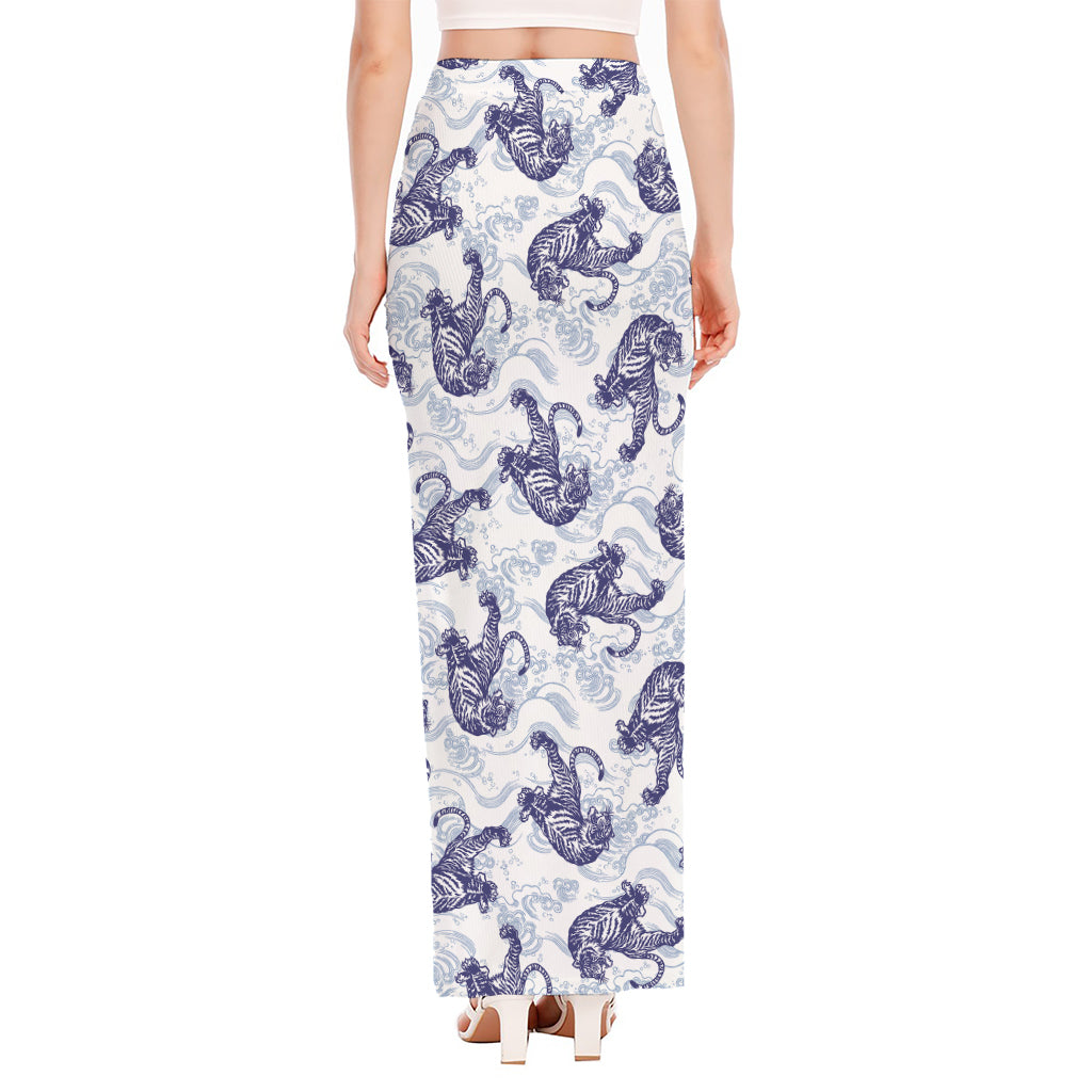 Japanese White Tiger Pattern Print High Slit Maxi Skirt