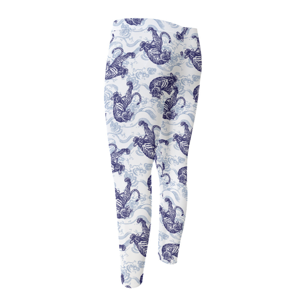 Japanese White Tiger Pattern Print Men's Compression Pants