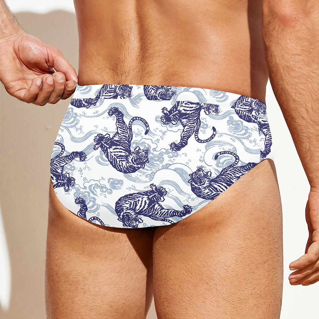 Japanese White Tiger Pattern Print Men's Swim Briefs
