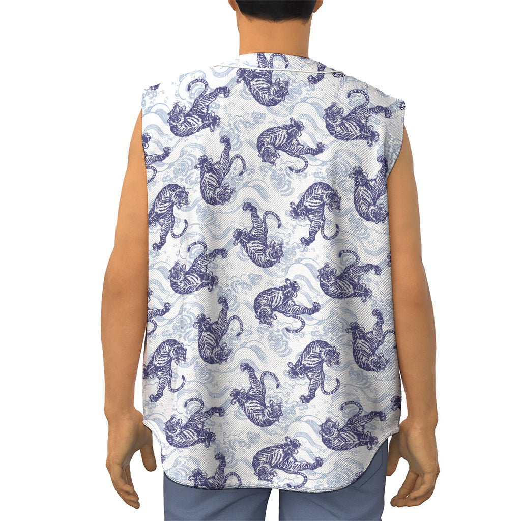 Japanese White Tiger Pattern Print Sleeveless Baseball Jersey