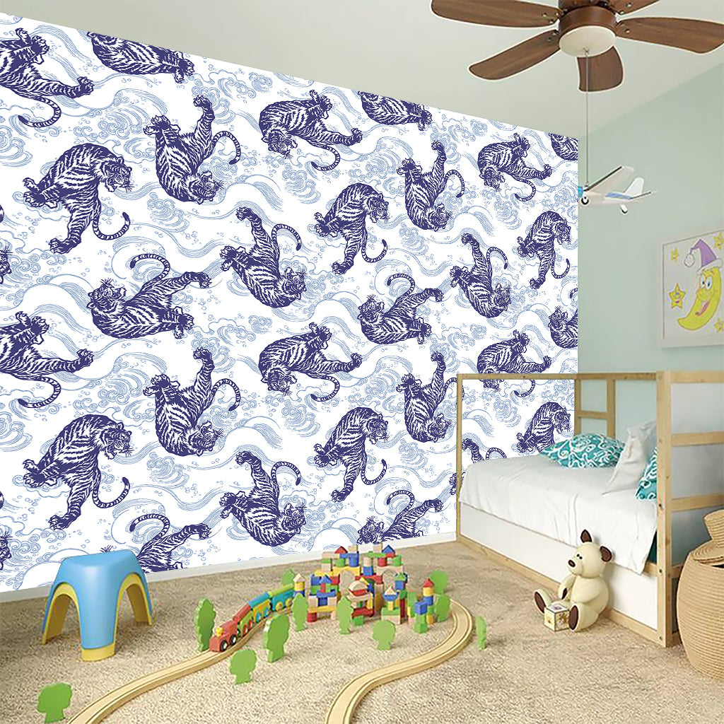 Japanese White Tiger Pattern Print Wall Sticker