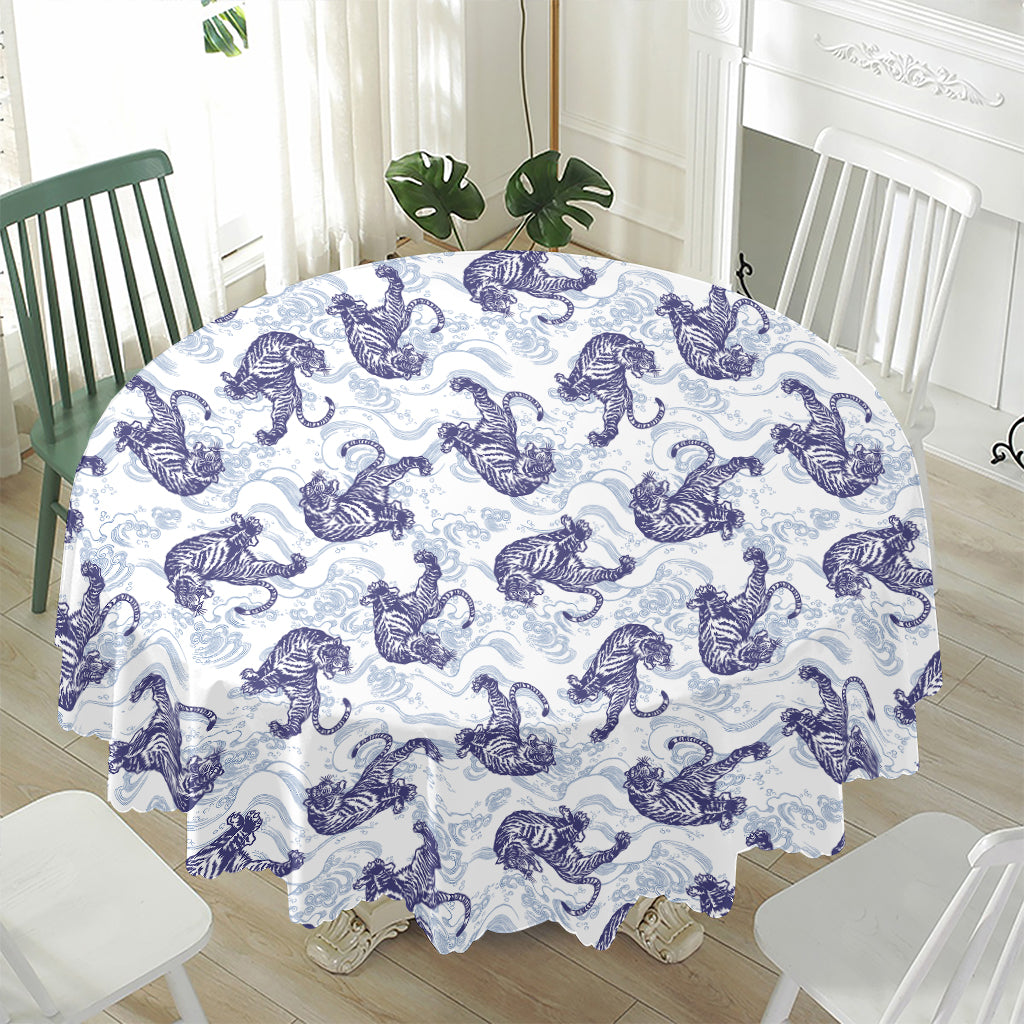 Japanese White Tiger Pattern Print Waterproof Round Tablecloth
