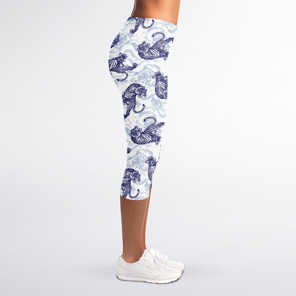 Japanese White Tiger Pattern Print Women's Capri Leggings