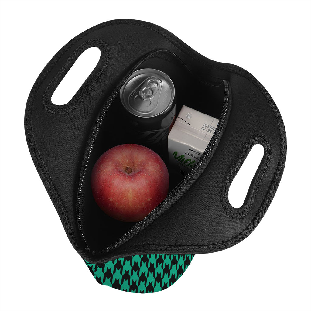 Jungle Green And Black Houndstooth Print Neoprene Lunch Bag