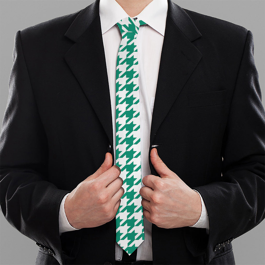 Jungle Green And White Houndstooth Print Necktie