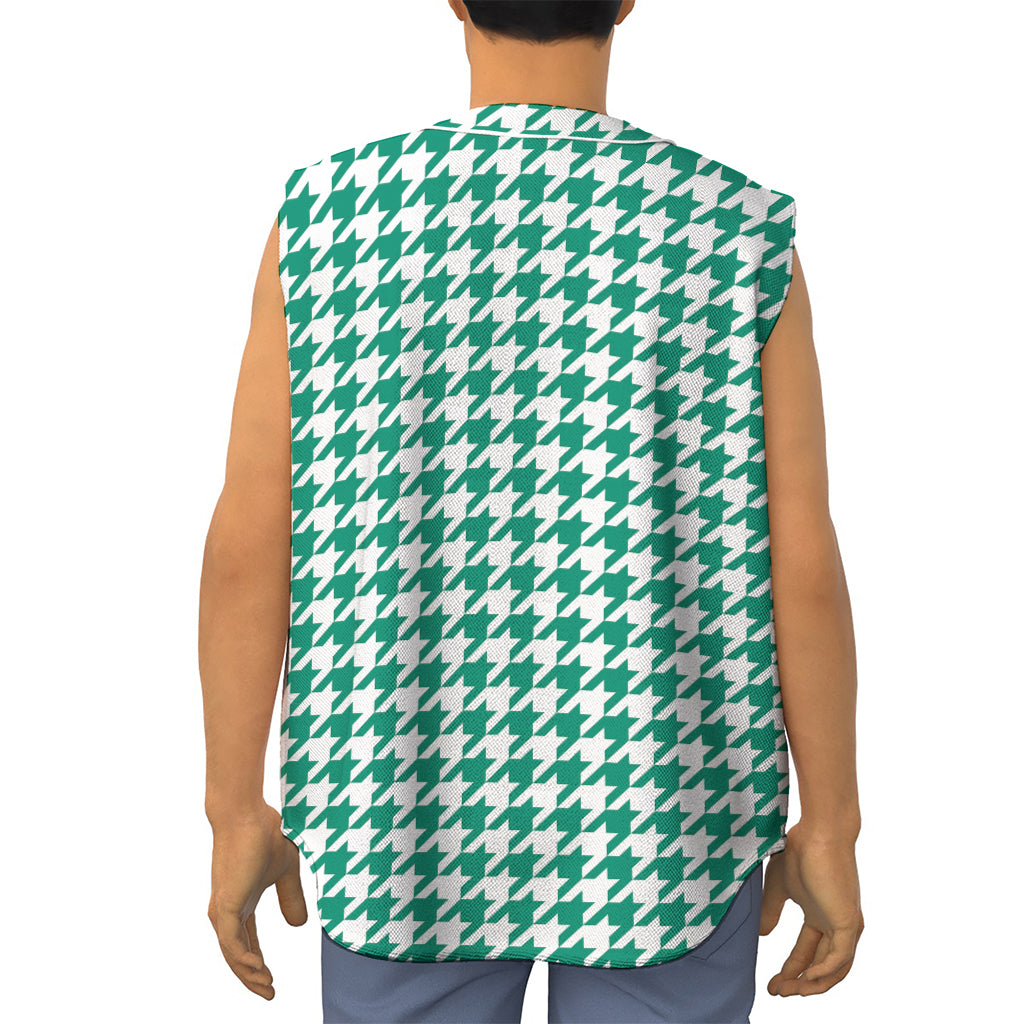 Jungle Green And White Houndstooth Print Sleeveless Baseball Jersey
