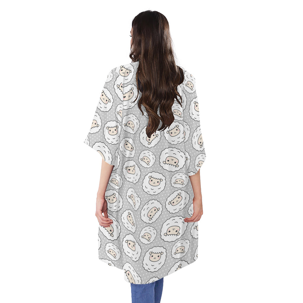 Kawaii Sheep Pattern Print Open Front Beach Cover Up