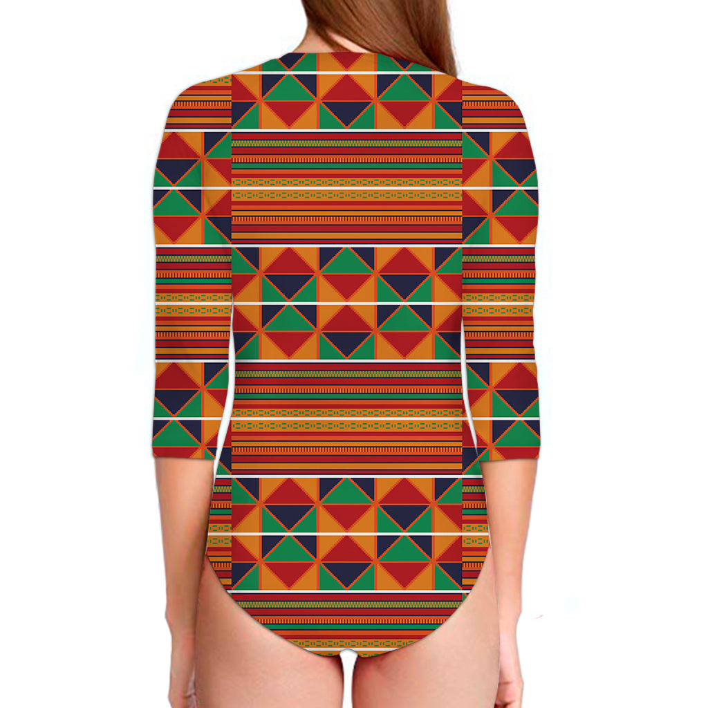 Kente Pattern Print Long Sleeve Swimsuit