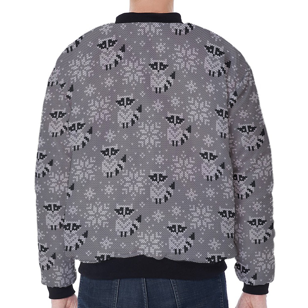 Knitted Raccoon Pattern Print Zip Sleeve Bomber Jacket