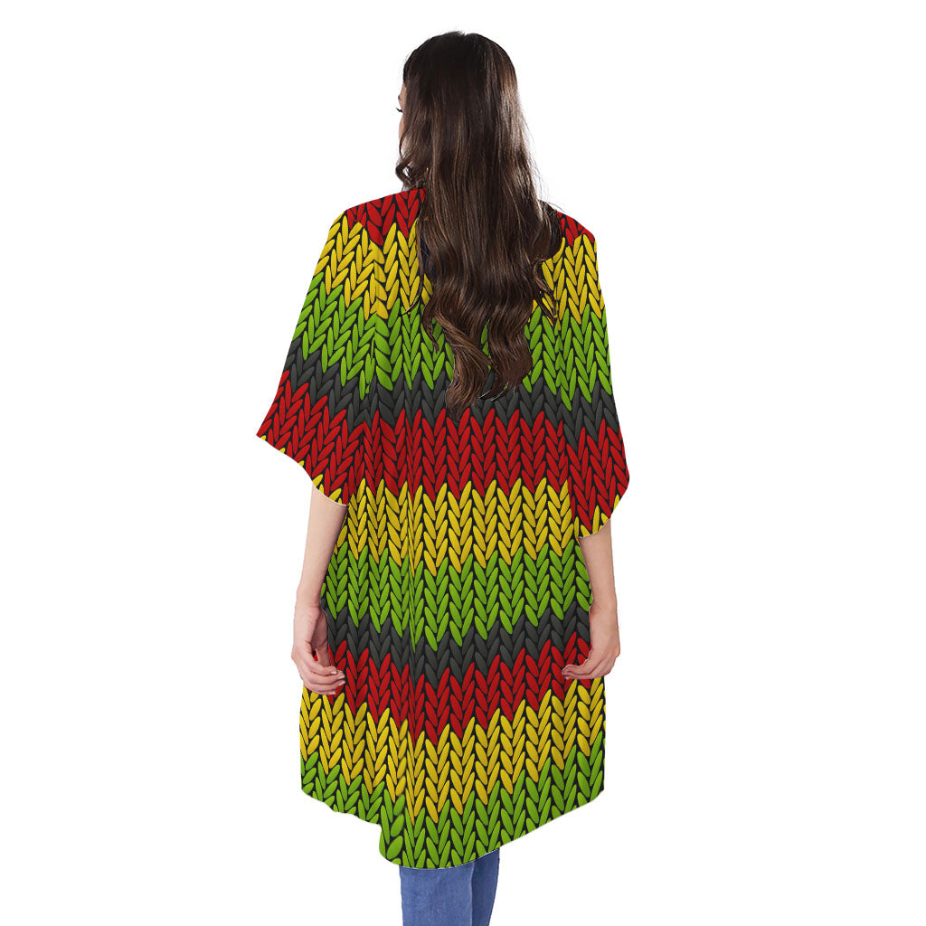 Knitted Style Reggae Pattern Print Open Front Beach Cover Up