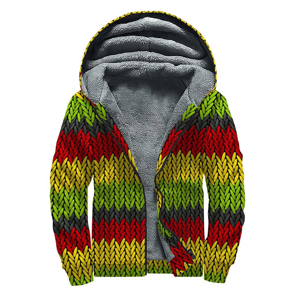 Knitted Style Reggae Pattern Print Sherpa Lined Zip Up Hoodie