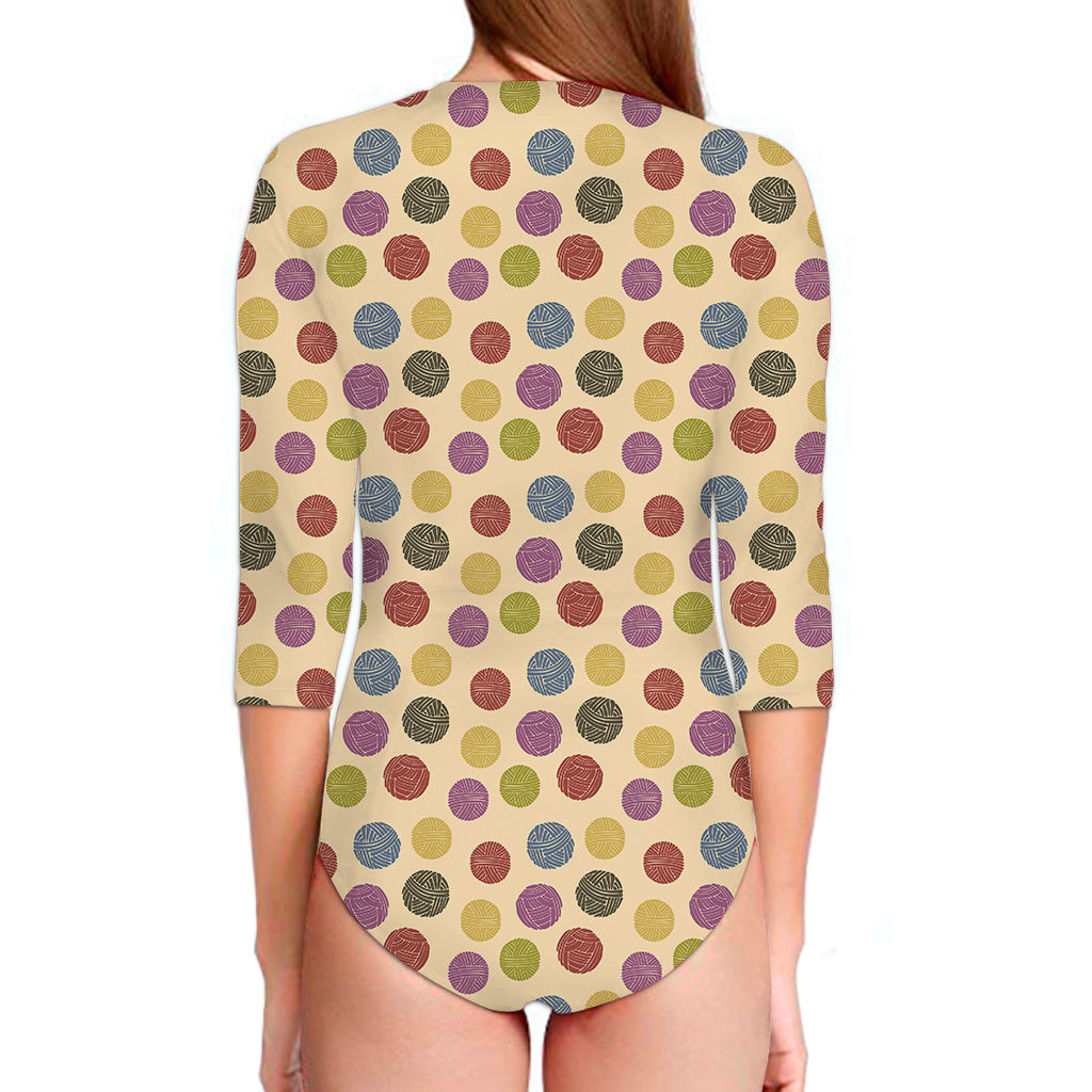 Knitting Yarn Pattern Print Long Sleeve Swimsuit
