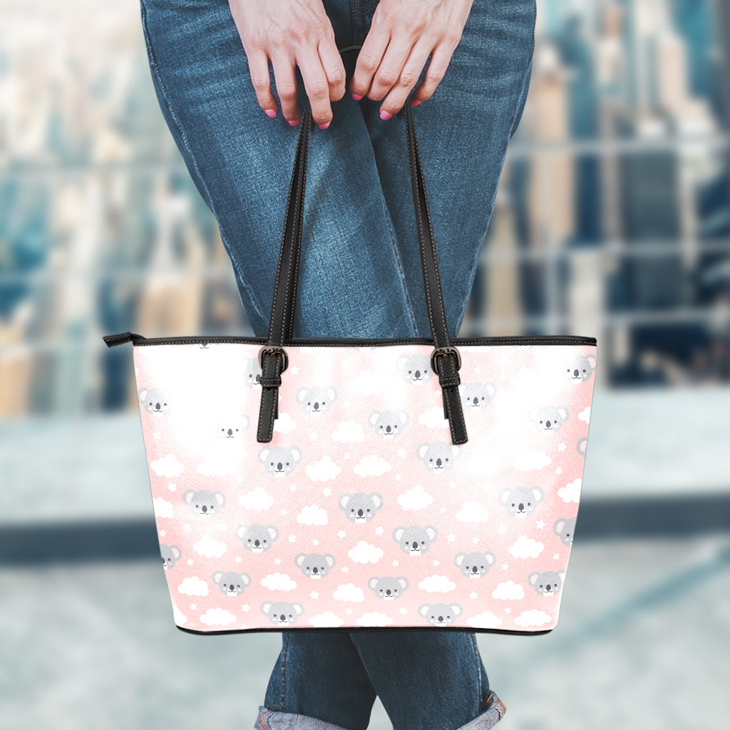 Koala Bear And Cloud Pattern Print Leather Tote Bag