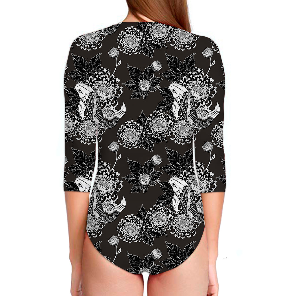 Koi Carp And Chrysanthemum Pattern Print Long Sleeve Swimsuit