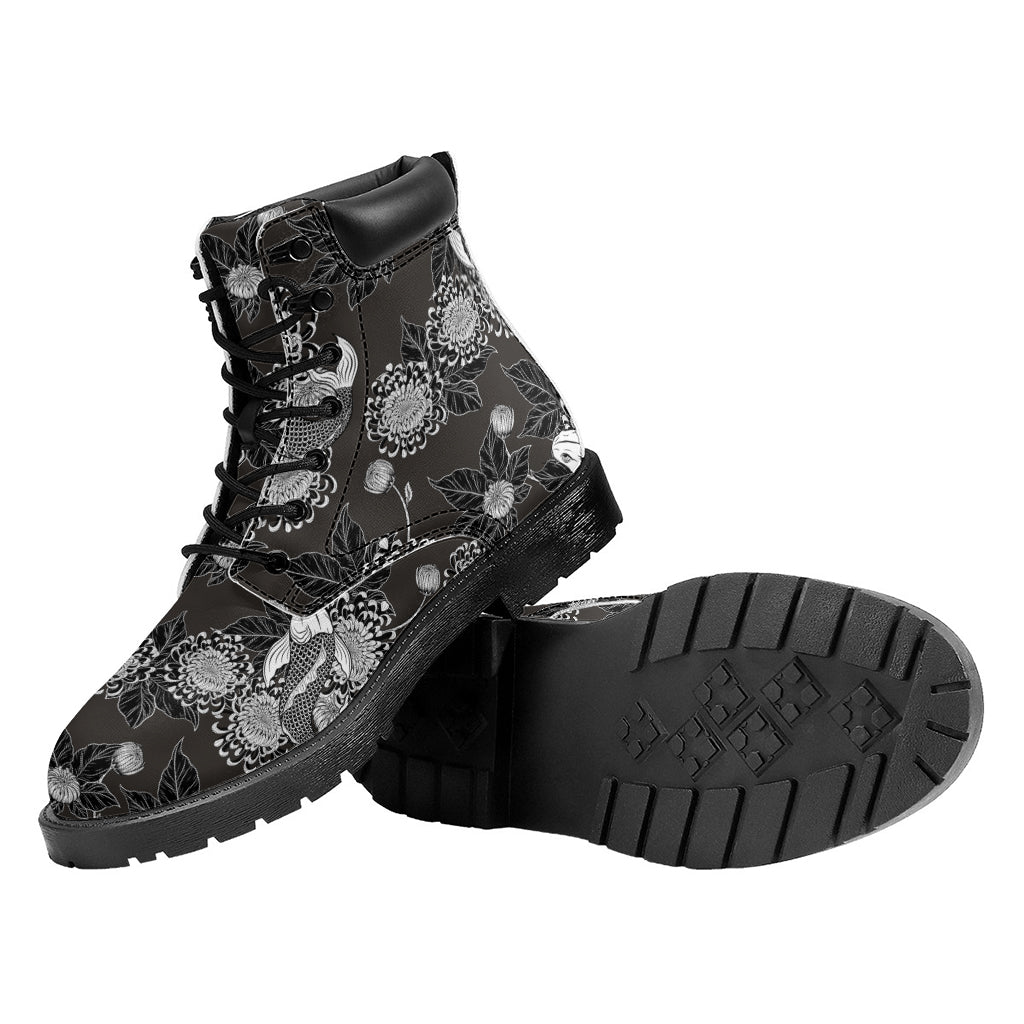 Koi Carp And Chrysanthemum Pattern Print Work Boots