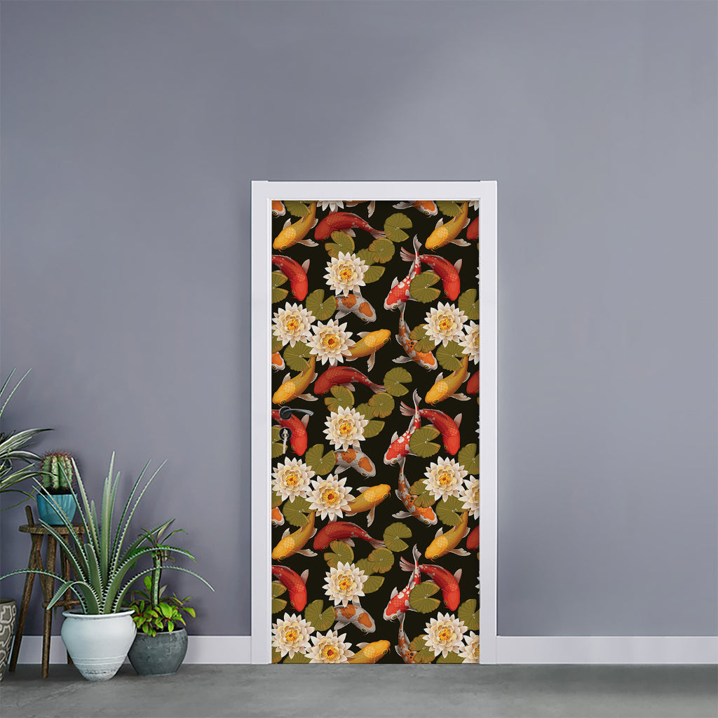 Koi Carp And Lotus Pattern Print Door Sticker
