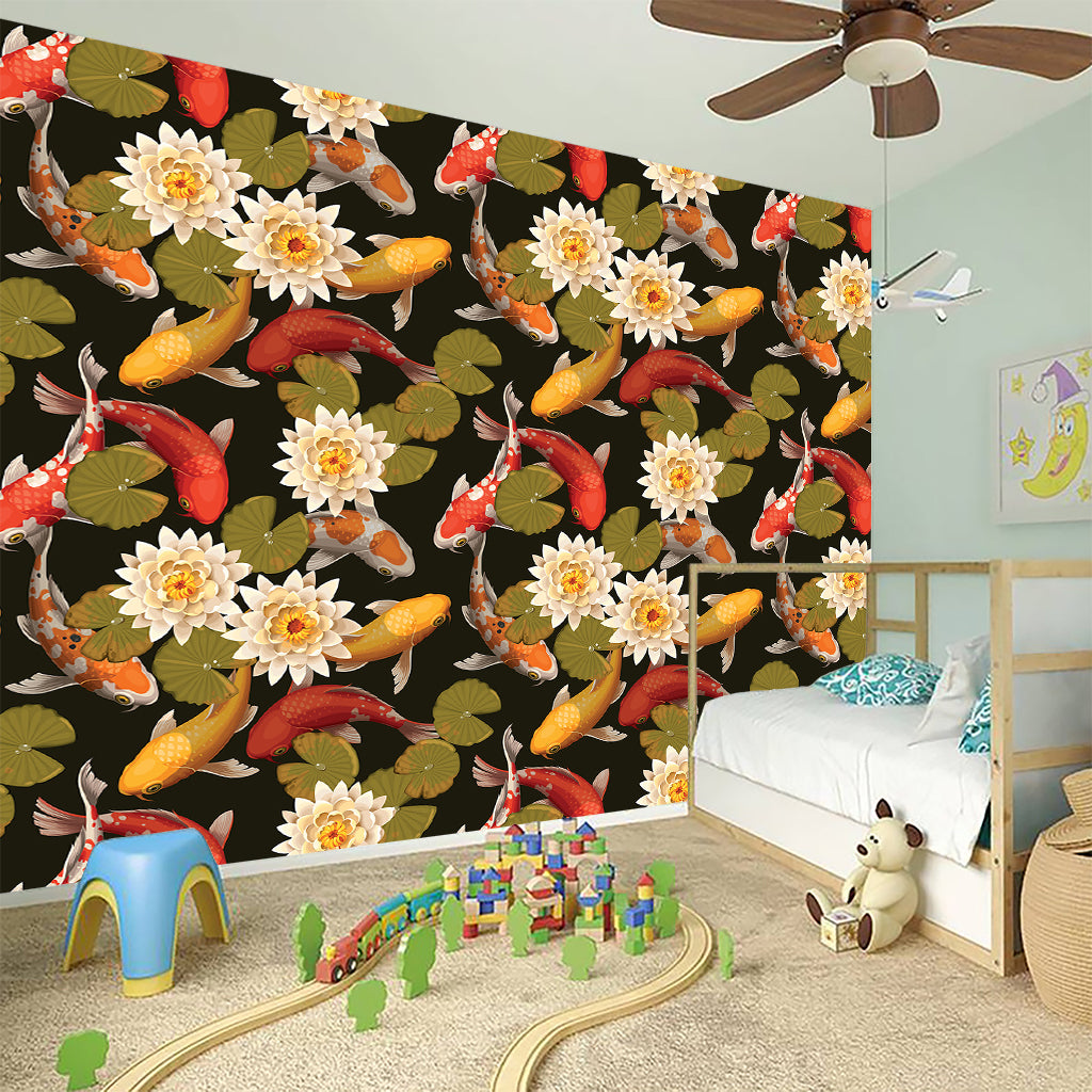 Koi Carp And Lotus Pattern Print Wall Sticker