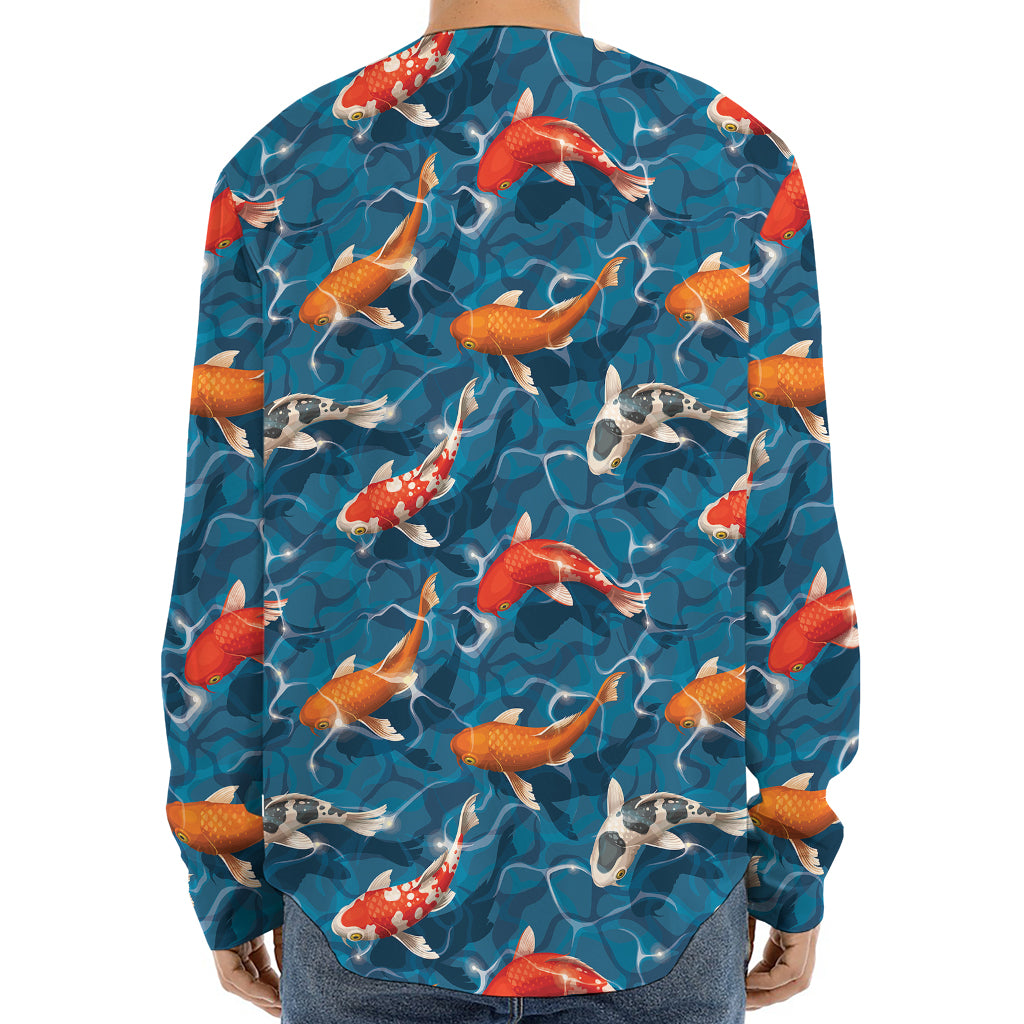 Koi Fish Pattern Print Long Sleeve Baseball Jersey
