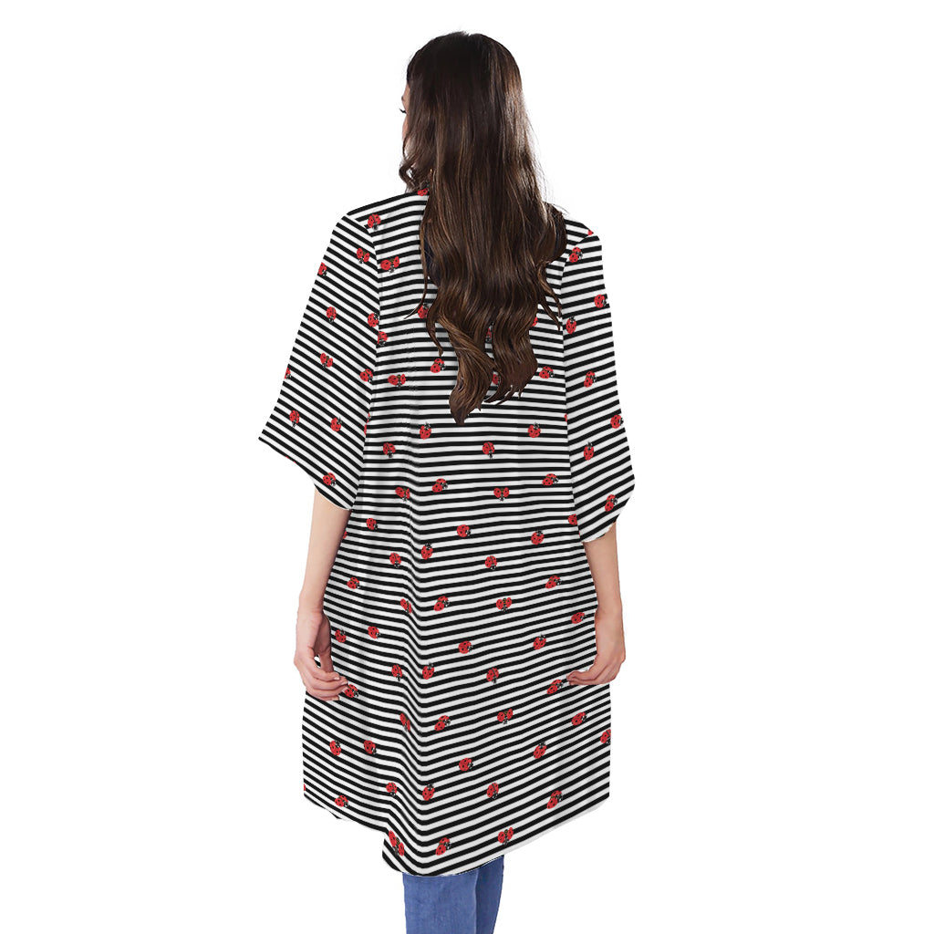 Ladybug Striped Pattern Print Open Front Beach Cover Up