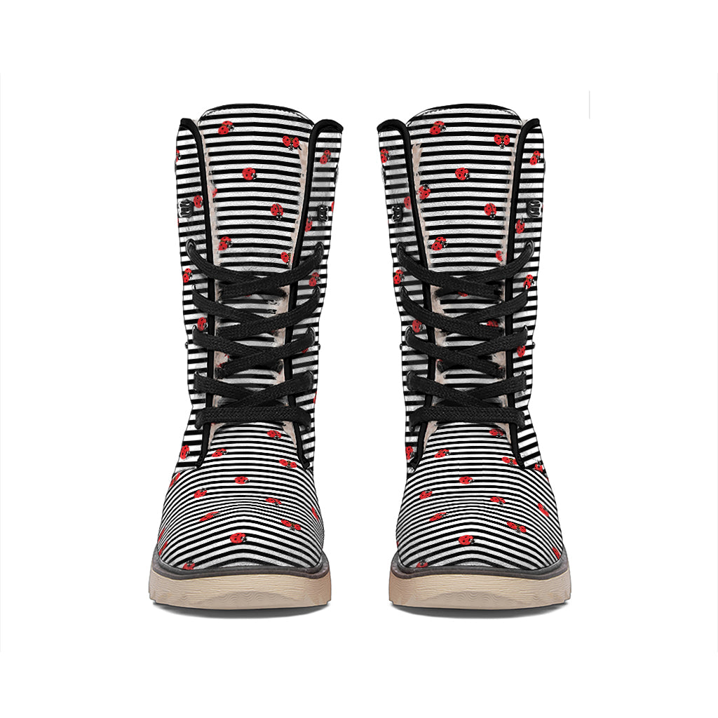 Ladybug Striped Pattern Print Winter Boots