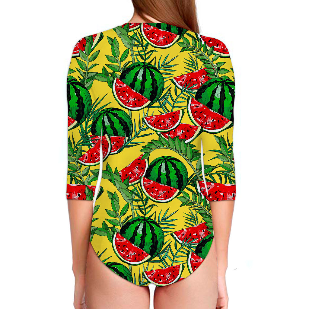 Leaf Watermelon Pieces Pattern Print Long Sleeve Swimsuit