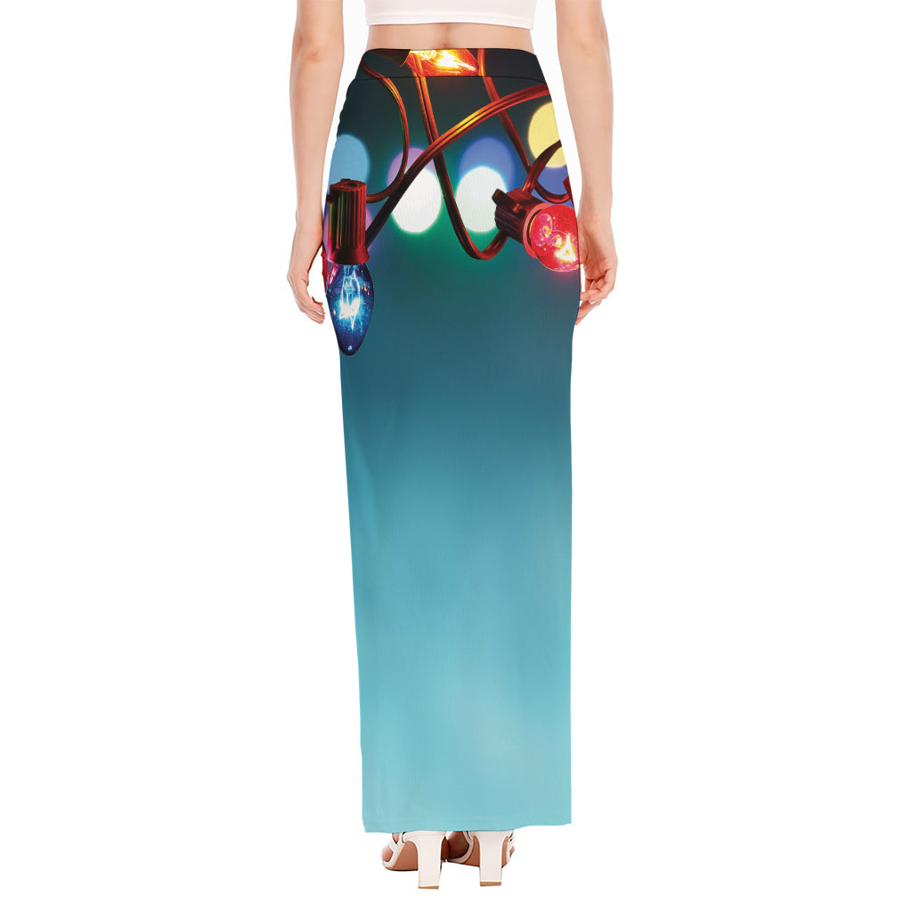 LED Christmas String Lights Print High Slit Maxi Skirt