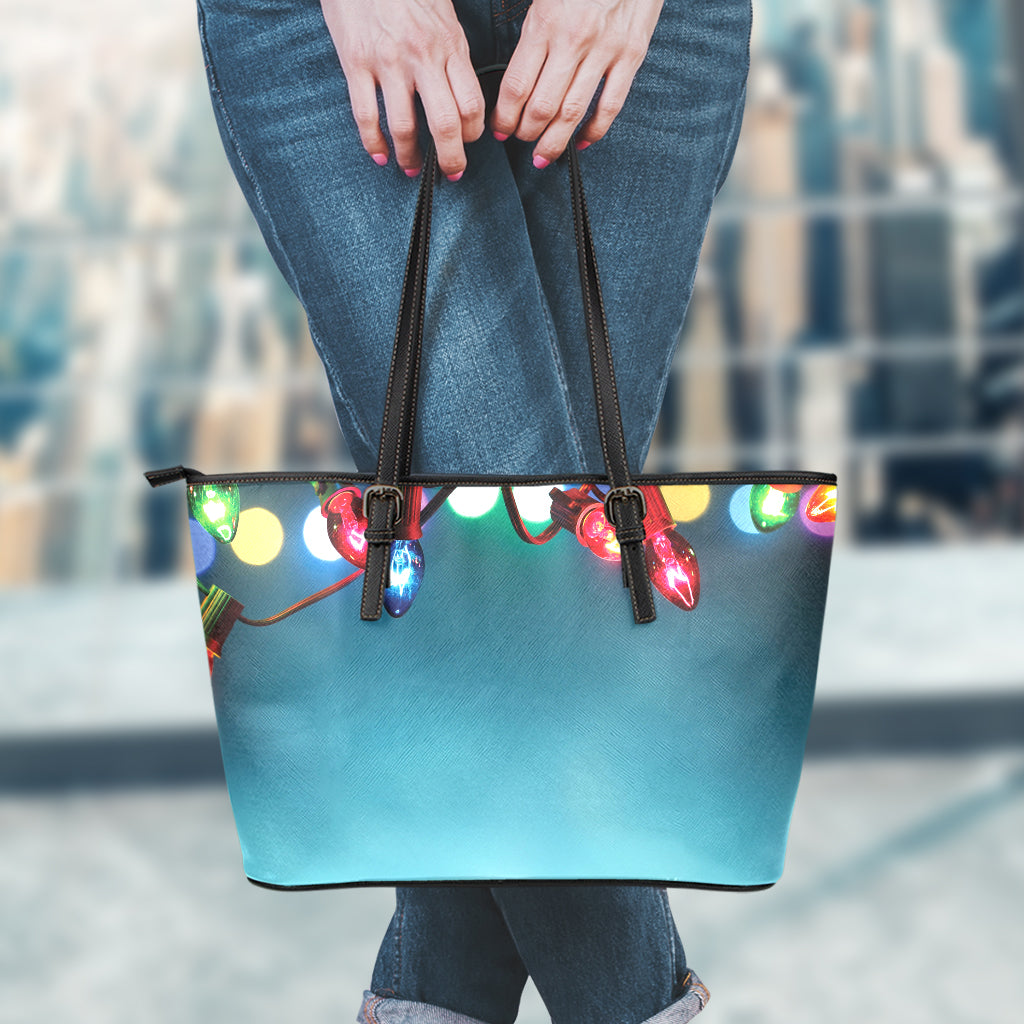 LED Christmas String Lights Print Leather Tote Bag